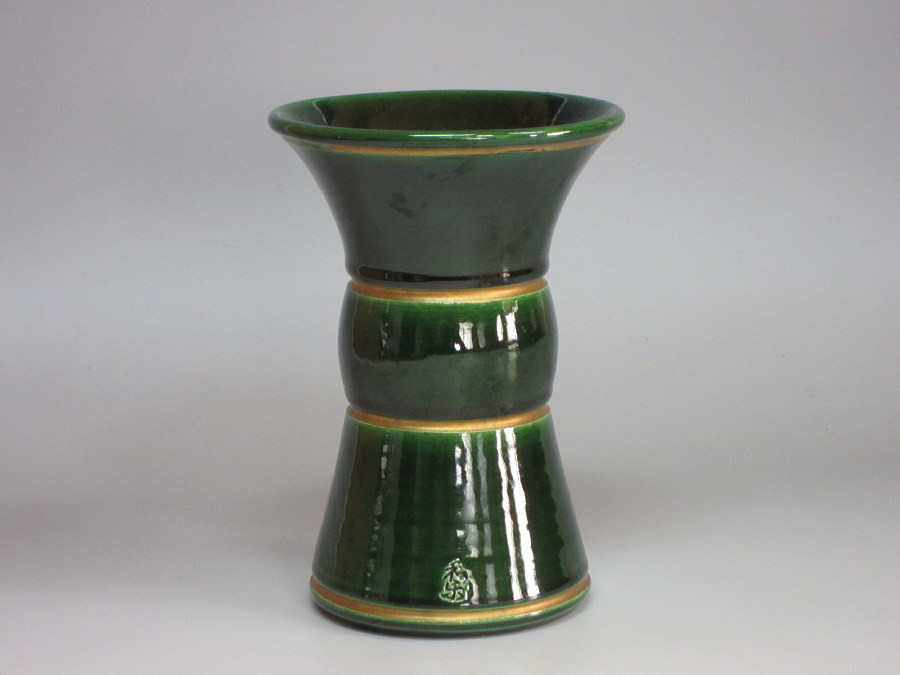 茶道具　青楽三具足（花入、香炉、燭台)と扇子立
